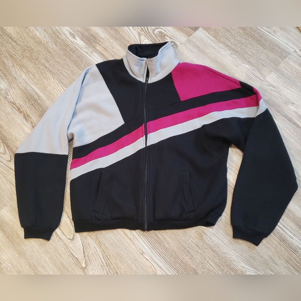 Nucleus Vintage Mens L Full Zip Jersey Knit Jacket Sweatshirt Black Pink Grey
